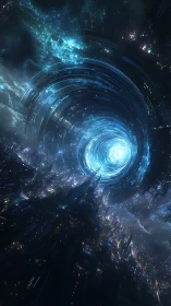 Cylindrical energy vortex above dense nocturnal cityscape.