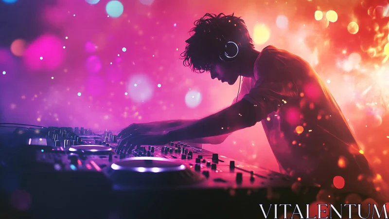 Silhouetted DJ mixing on illuminated console in neon bokeh haze