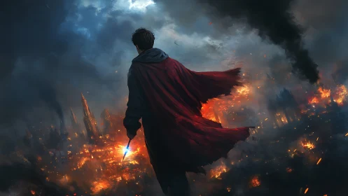 Cloaked sorcerer overlooking burning cityscape at dusk