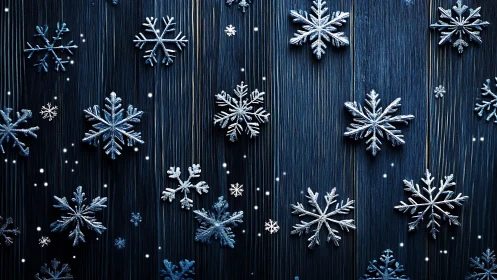 Snowflake ornaments lie on vertically grained dark wood surface