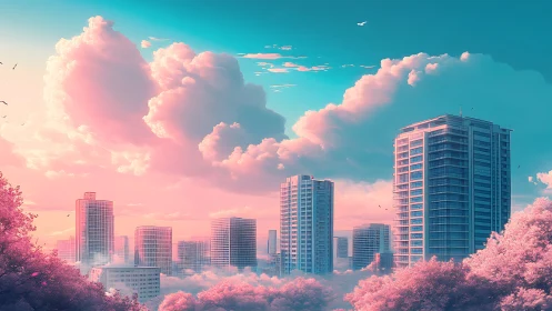 Dreamy cotton-candy skyline over a calm modern city.
