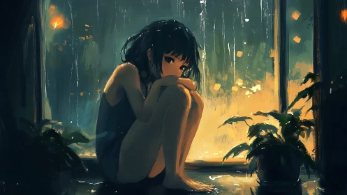 Melancholic girl by rainy window, warm bokeh city lights