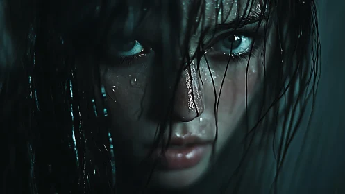 Photorealistic wet portrait in cinematic close-up framing.