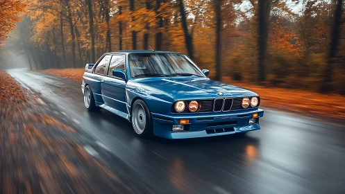 Classic blue BMW speeds through misty autumn forest road