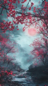 Crimson blossoms frame misted ravine under diffuse red sun glow