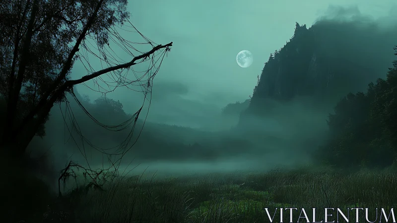 Moonlit mist over wetland with silhouetted cliff and trees.
