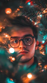 Portrait of man framed by colorful holiday tree lights.