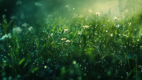 Morning dew sparkles around wildflowers in soft green light