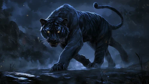 Midnight black tiger stalking forward in misty blue night