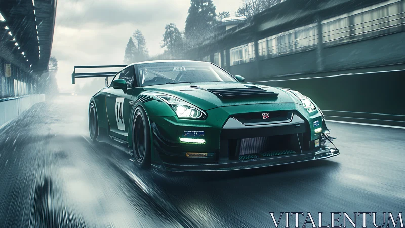 Green GT sports car on wet racetrack under overcast sky.