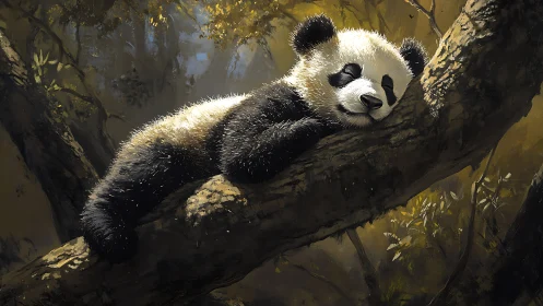 Dream-drowsy panda draped in sunlit forest branches.