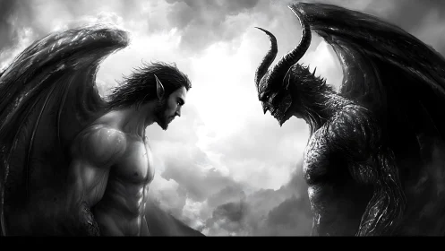 Staring down winged rivals in stormlit monochrome fantasy duel.