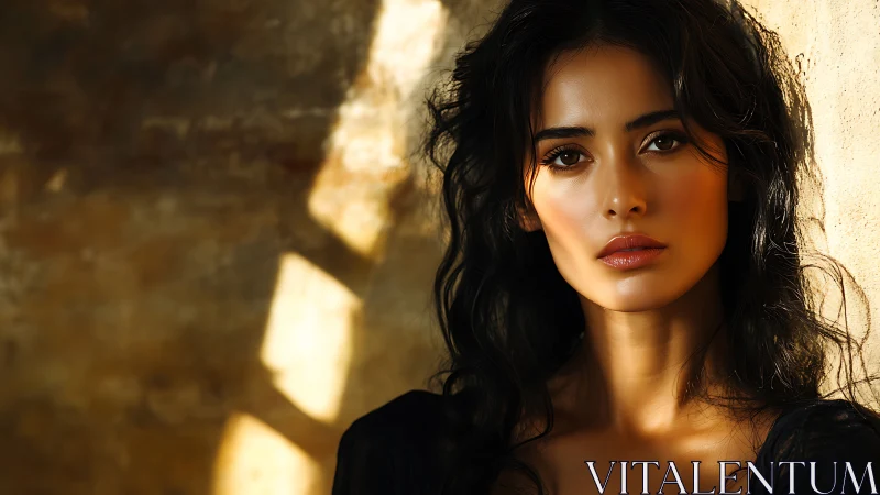 Sunlit portrait captures a serene woman against rustic wall