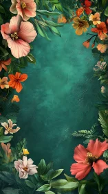Colorful flowers arranged on textured teal background surface.