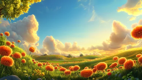 Sunlit Hills and Fluffy Orange Blooms in Dreamy Spring Light.