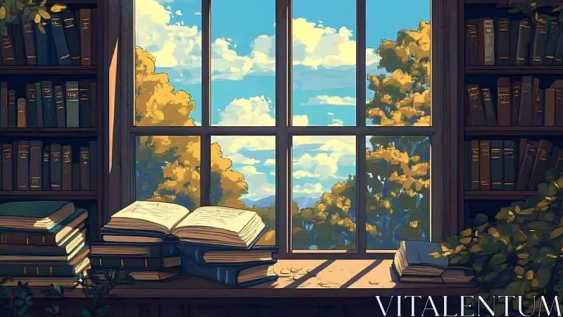 Sunny library window with open books and trees.