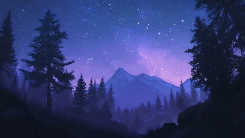 Mountain forest under starlit violet night sky.