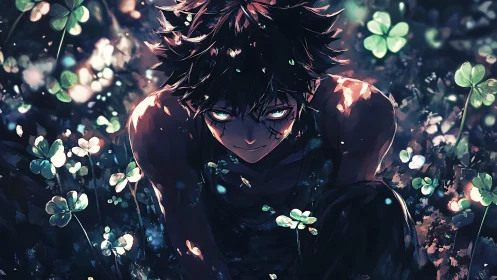 Intense anime boy crouching in glowing clover field at night.