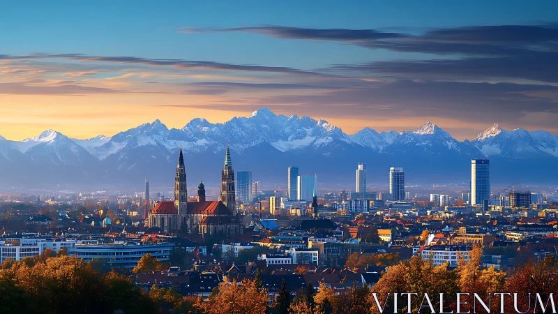 Sunrise city skyline nestled beneath glowing alpine peaks.
