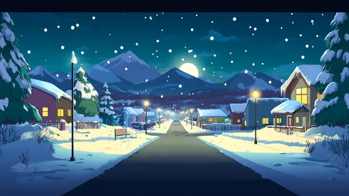 Snowy suburban street at night under full winter moon