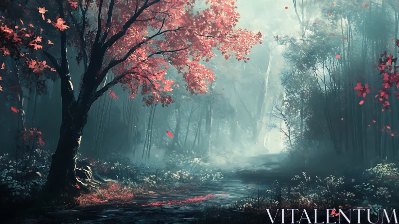 Forest path with red foliage tree in misty atmosphere