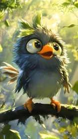 Stylized small bird on branch in sunlit forest environment.