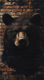 Textured bear mural integrates with weathered brick wall surface
