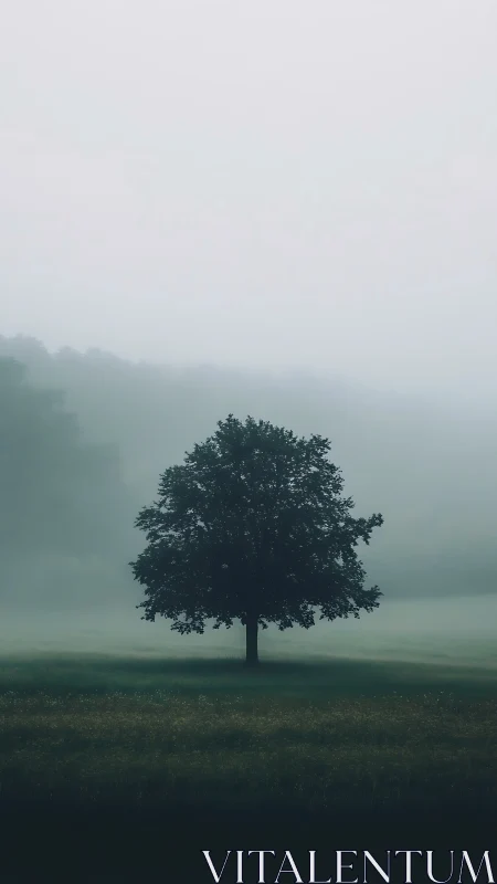 Solitary tree rises from misty meadow at dawn