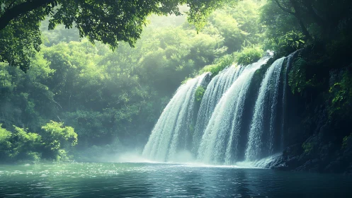 Jungle Waterfall Cascading Through Lush Forest.