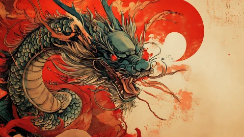 Blue scaled dragon head against bold red circular backdrop.