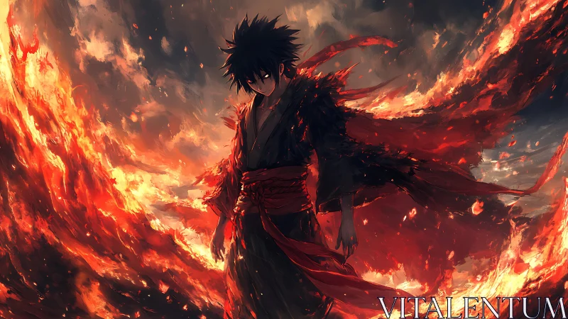 Dark haired anime warrior stands amid swirling firestorm