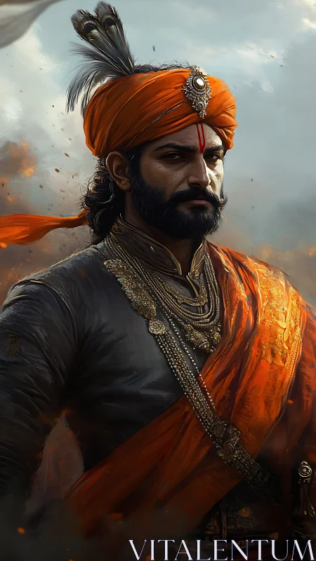 Ember-crowned warrior prince in blazing saffron regalia.
