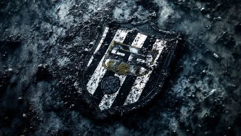 Weathered black‑and‑white football crest in icy grit.