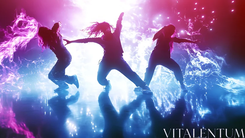 Electric street dance trio moving through neon storms.