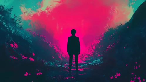 Silhouette figure in neon magenta mist with teal terrain contrast.