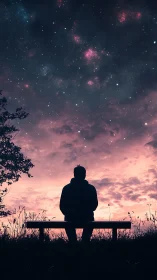 Silhouette on bench observes star field under dusk sky