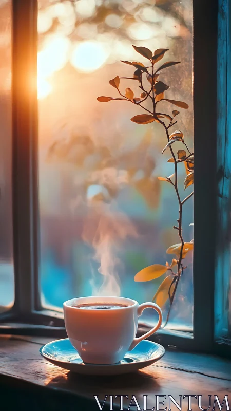 Sunlit coffee cup by window in warm morning bokeh glow.