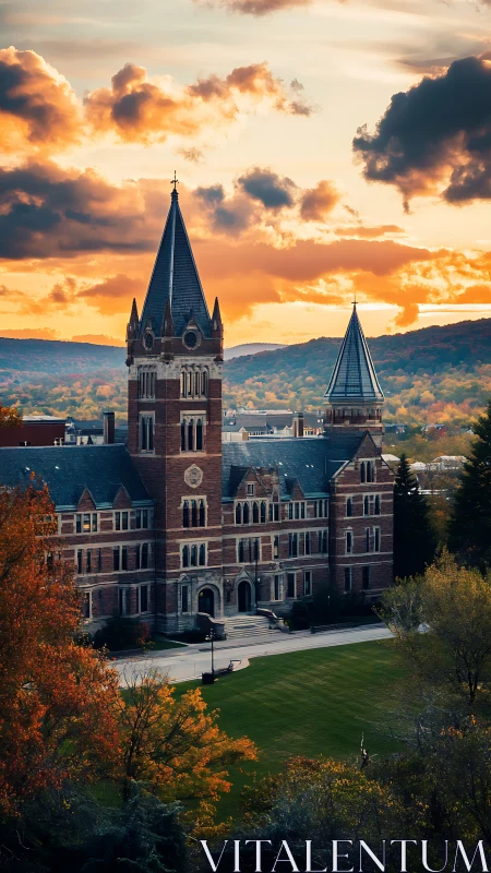Golden hour over a storybook campus tower and quad.