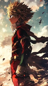 Determined anime hero stands in torn suit against sky.