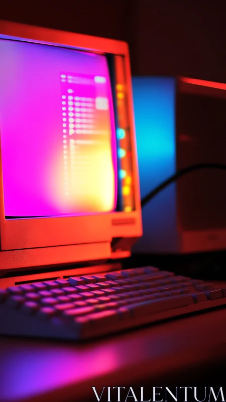 Retro workstation in neon gradient cinematic lighting study.