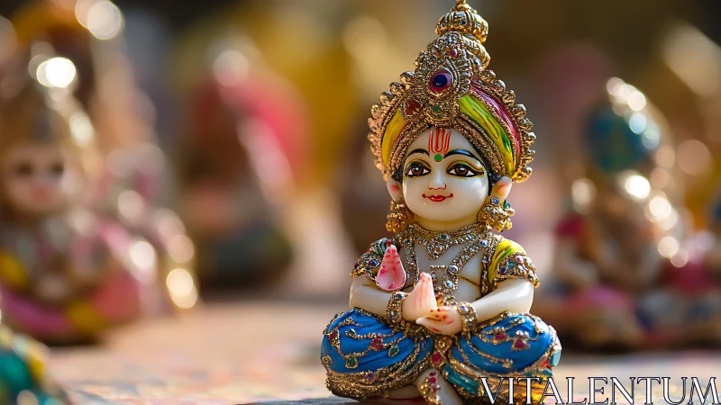 Colorful baby deity figurine with ornate jewelry details.