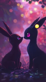 Luminescent dusk creatures in intimate forest vignette.