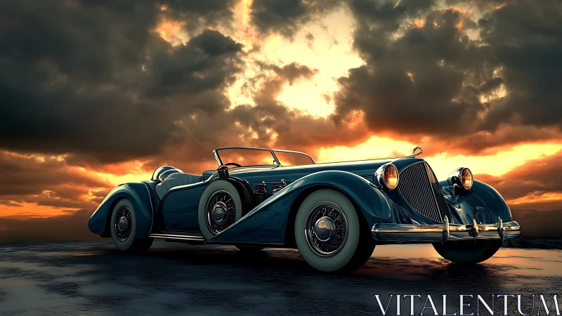Vintage blue roadster on wet pavement under dramatic sky.