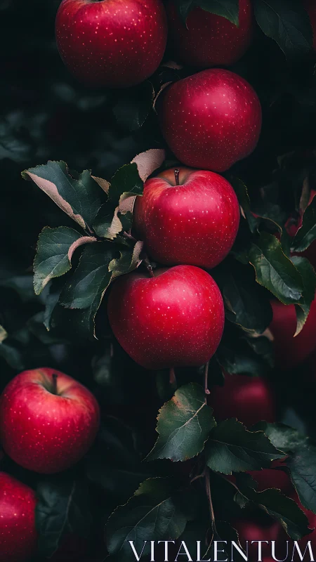 Ripe red apples hang warmly among deep green orchard leaves