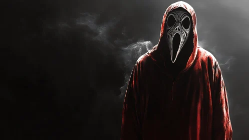 Hooded figure in red cloak wears elongated screaming mask