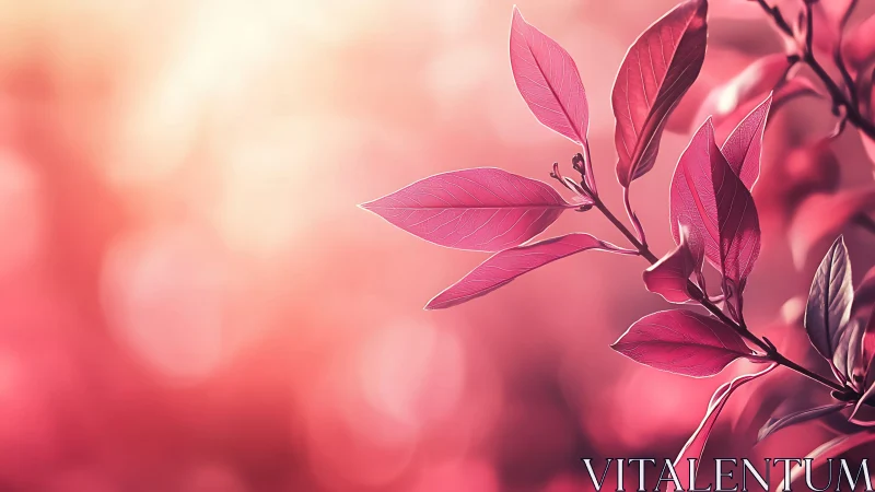 Pink leaves glow against dreamy bokeh sunset background.