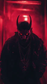 Horned demon figure in neon red hallway, cinematic glow.