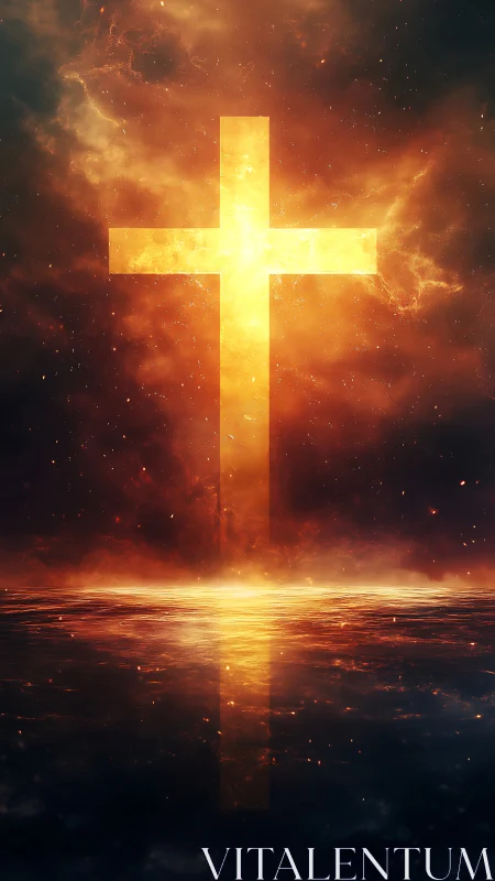 Radiant golden cross glowing above a quiet celestial sea.