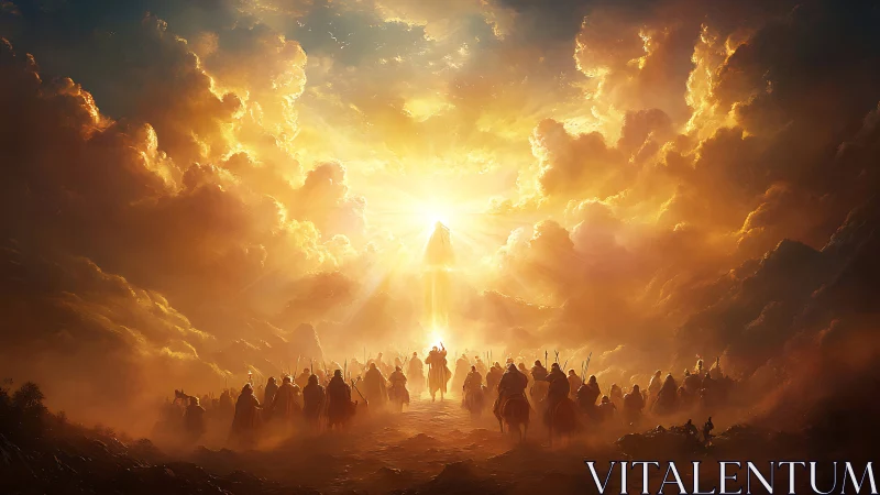 Procession of robed figures under radiant sky opening.