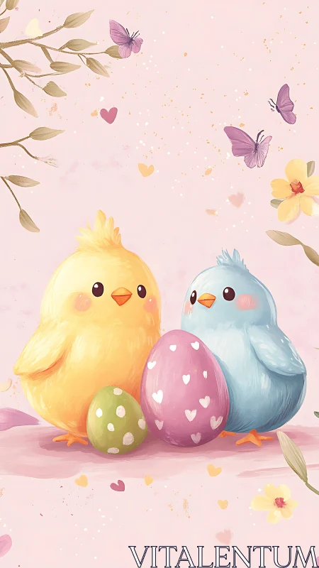 Pastel chicks and patterned eggs rendered in soft digital brushwork